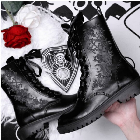 Killstar Shoes - KILLSTAR Enchanted embroidered lace up unisex combat boots